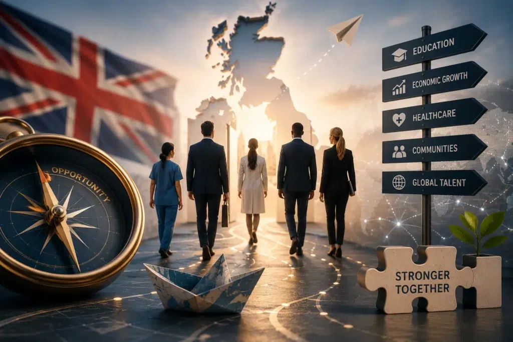 Skilled international professionals pursuing opportunities in the UK, illustrating the impact of Tougher Settlement Rules on migrant retention, global talent attraction and economic growth.
