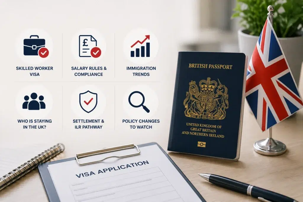 **Alt text:** UK immigration 2026 infographic showing Skilled Worker visa trends, salary compliance, ILR pathway, immigration policy changes and settlement updates with British passport and UK visa application elements.