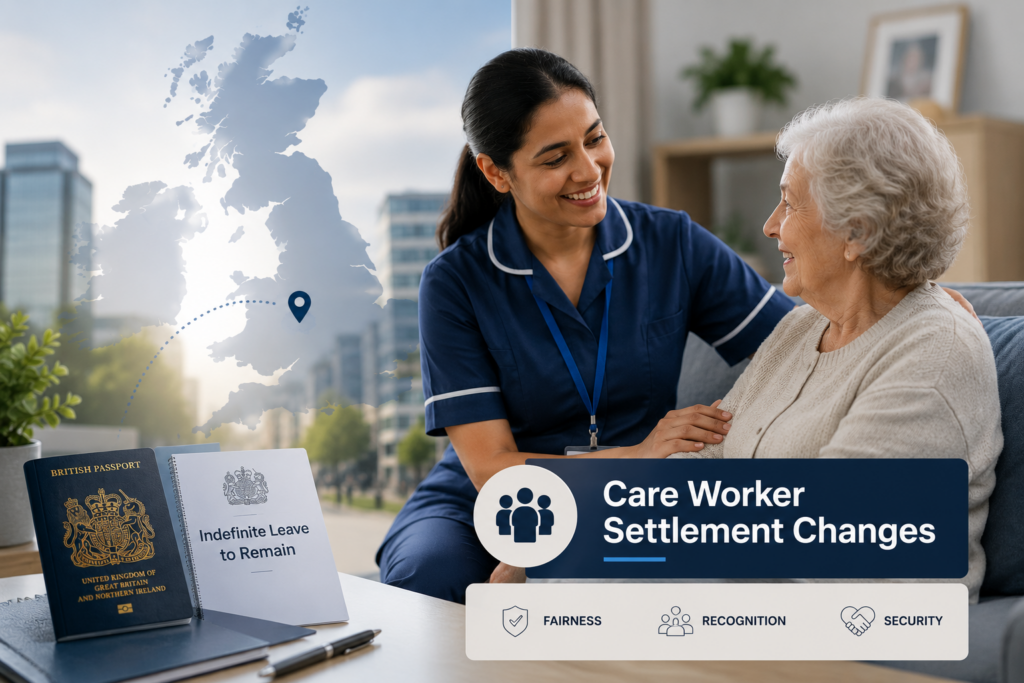 Care Worker Settlement Changes in the UK, showing a care worker supporting an older person amid debate over proposed settlement and visa rule reforms.