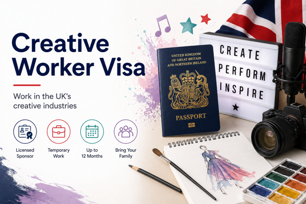 Creative Worker Visa UK 2026 guide featuring sponsorship, eligibility requirements, temporary work, family dependants and opportunities in the UK creative industries.
