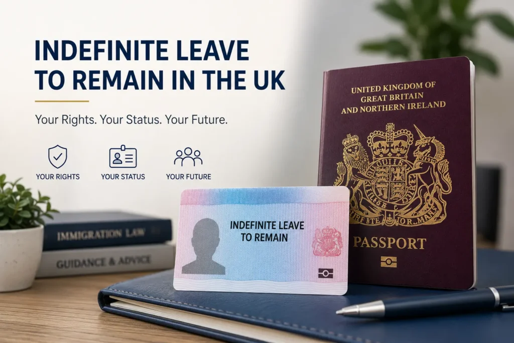 Indefinite Leave to Remain in the UK with UK passport and immigration status card representing settlement rights, travel and citizenship.