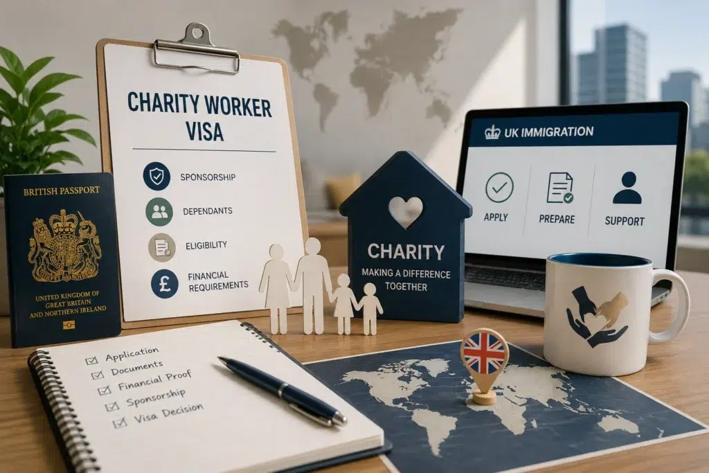Charity Worker Visa application process in the UK, highlighting sponsorship, eligibility criteria, financial requirements, dependant family members and temporary work immigration guidance.
