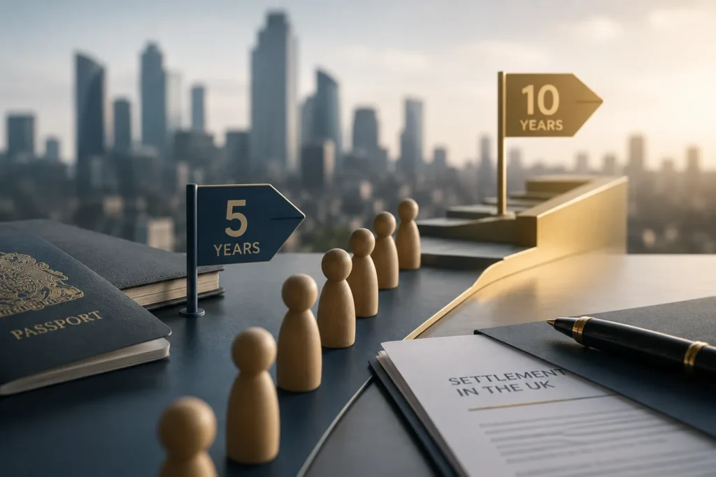 ILR Changes concept showing the proposed extension of the UK settlement route from five to ten years, with symbolic figures, pathway markers, and immigration documents representing uncertainty around future settlement rules.
