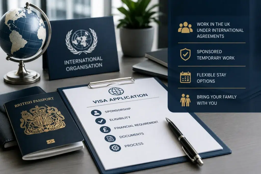 International Agreement Worker Visa UK concept showing sponsorship, visa application documents, international organisations and global mobility requirements.