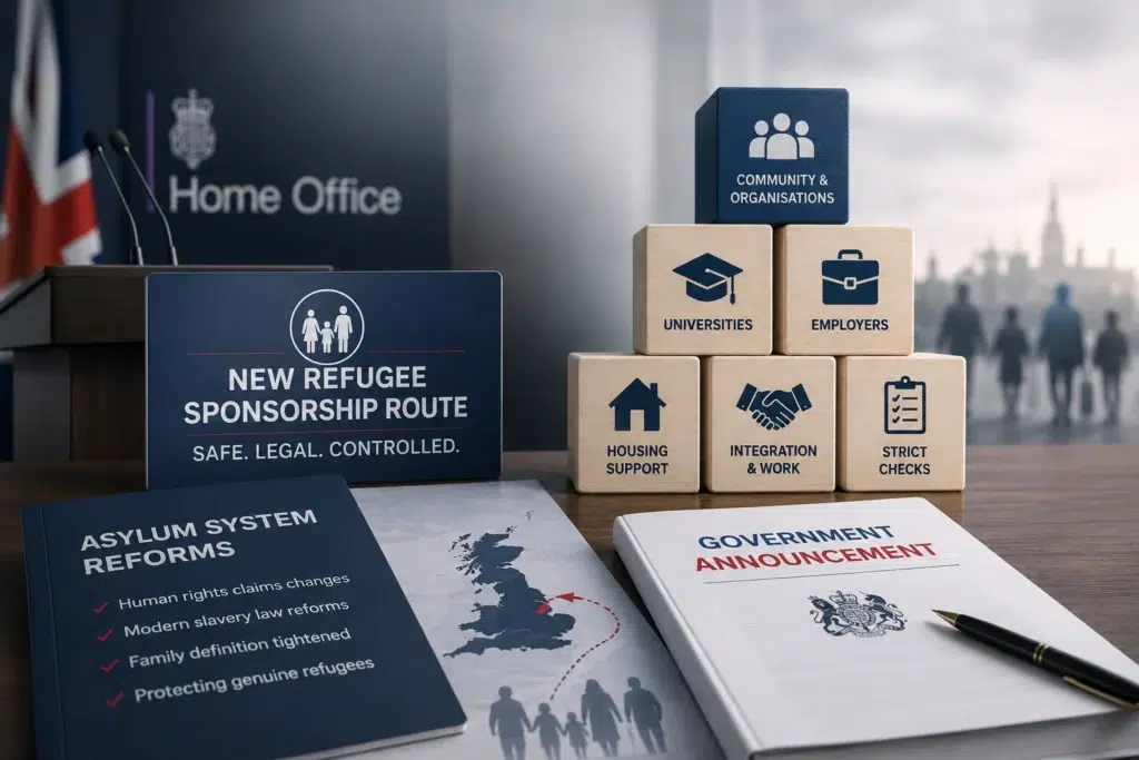 New Refugee Sponsorship Routes announcement showing a Home Office podium, UK government policy documents, asylum reform briefing, sponsor pathway blocks for universities, employers and community organisations, highlighting the UK's proposed refugee sponsorship and asylum reforms.