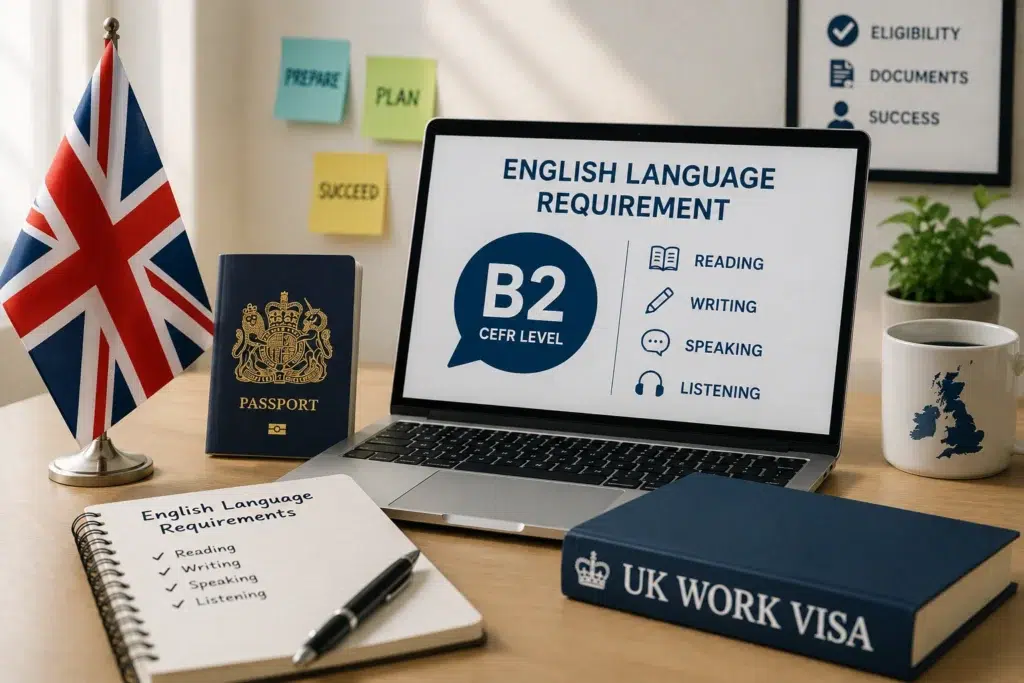 UK work visa English language requirement guide featuring CEFR B2 standards, approved English tests and visa eligibility information.