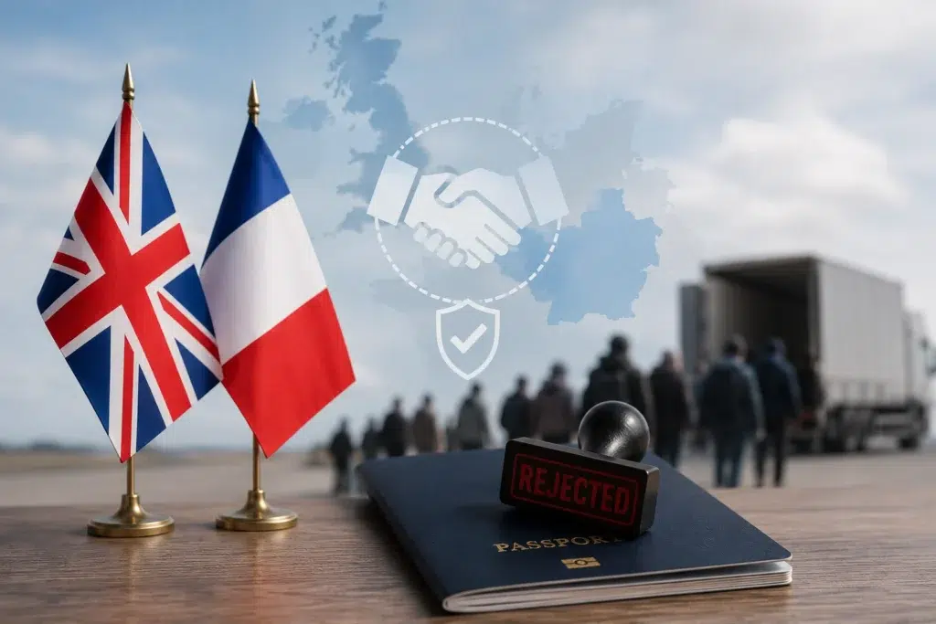 UK and French flags with immigration documents illustrating the updated One In One Out migration agreement, highlighting UK-France cooperation to tackle illegal migration, prevent repeat returns and strengthen Channel border controls.