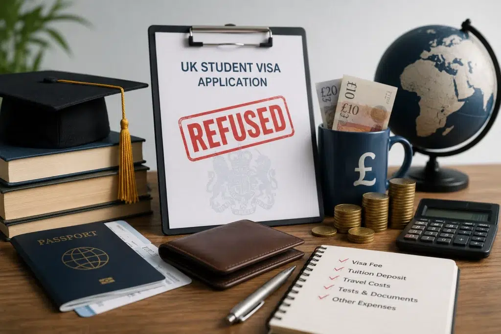 UK Student Visa Refusals illustrated through a rejected visa application, university documents, graduation cap and financial paperwork highlighting the academic and financial consequences for international students.