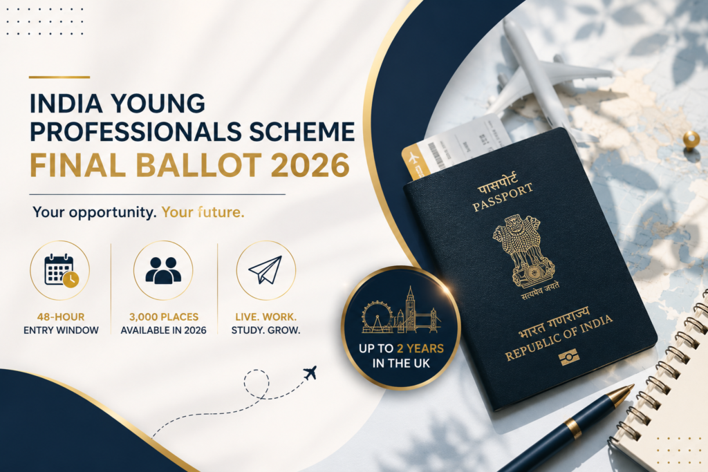 India Young Professionals Scheme graphic featuring an Indian passport, aircraft, travel documents and UK destination concept representing the final 2026 ballot and visa opportunity.