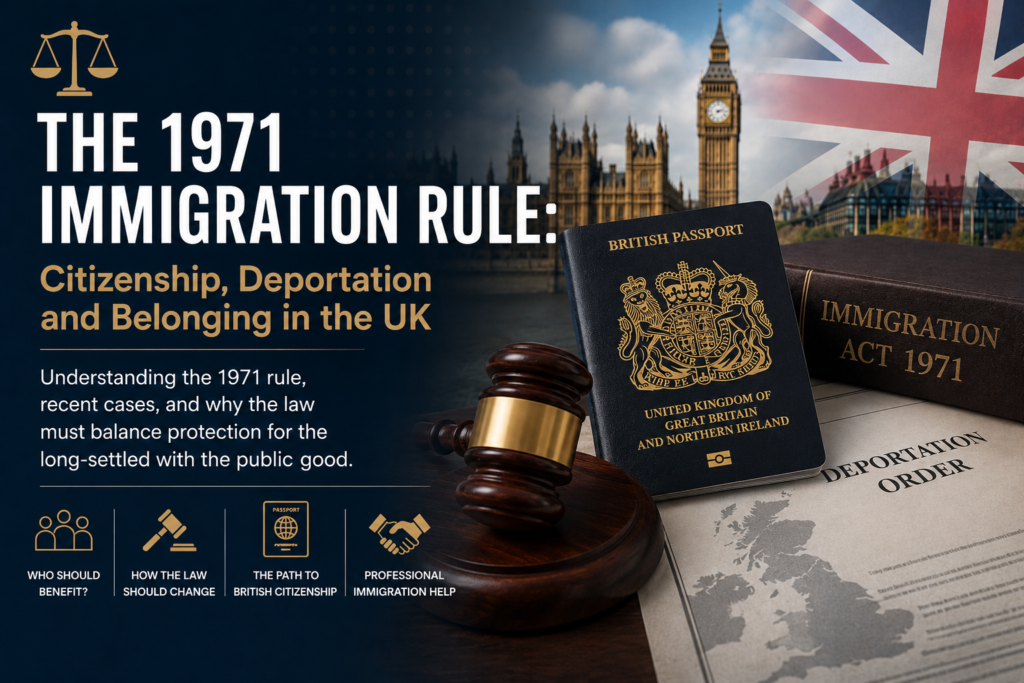 UK passport and legal papers near Westminster representing section 7 Immigration Act 1971 deportation law