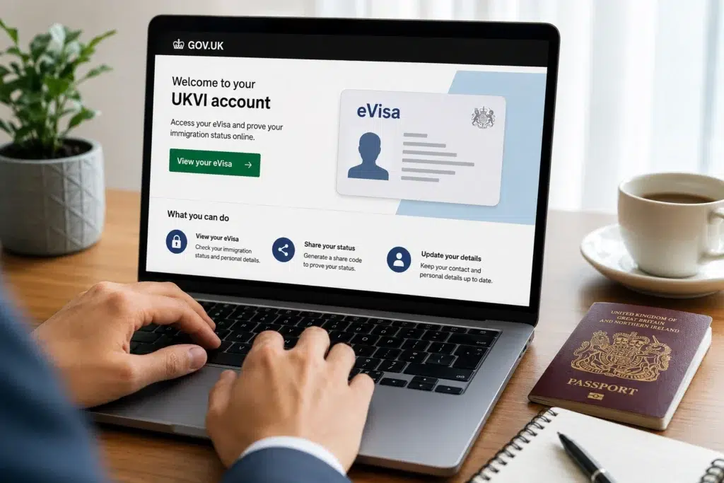 Person accessing a UK eVisa through a UKVI account on a laptop, illustrating digital immigration status, online identity verification and secure immigration records.
