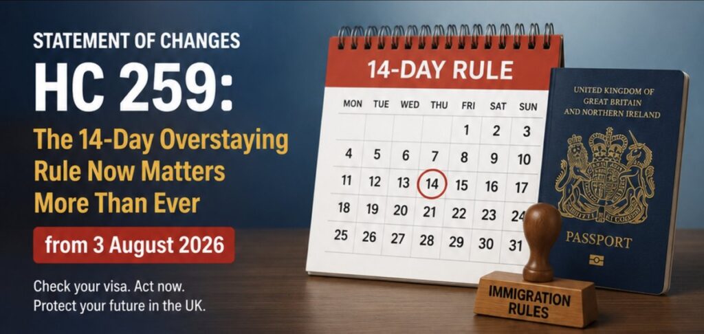 Statement of Changes HC 259 and the 14-day overstaying rule from 3 August 2026 — calendar with day 14 circled next to a UK passport