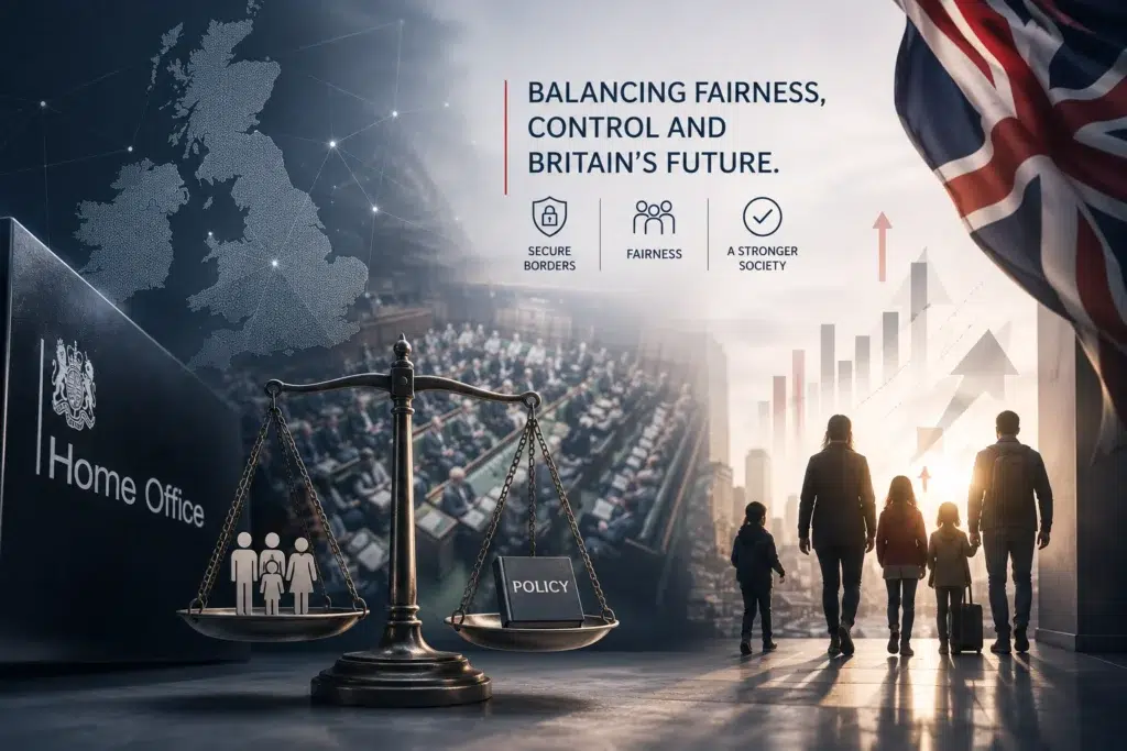Settlement Reforms illustration featuring the Home Office, UK Parliament, scales of justice and migrant families, highlighting proposed changes to UK immigration and Indefinite Leave to Remain (ILR).