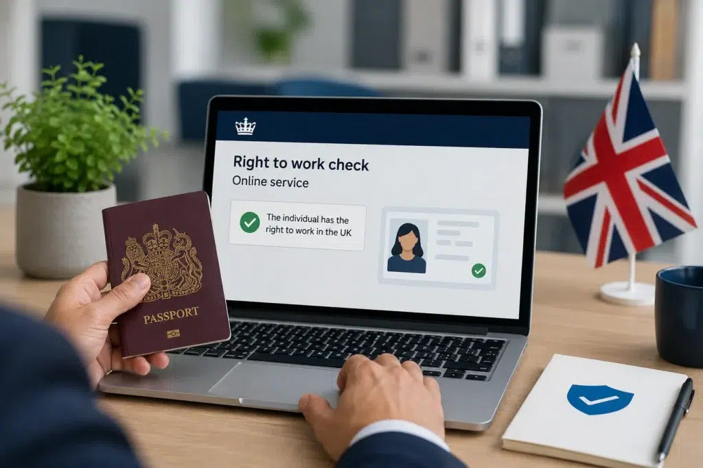 Illustration of an Online Right to Work Check showing an employer verifying a worker's identity and right to work in the UK.
