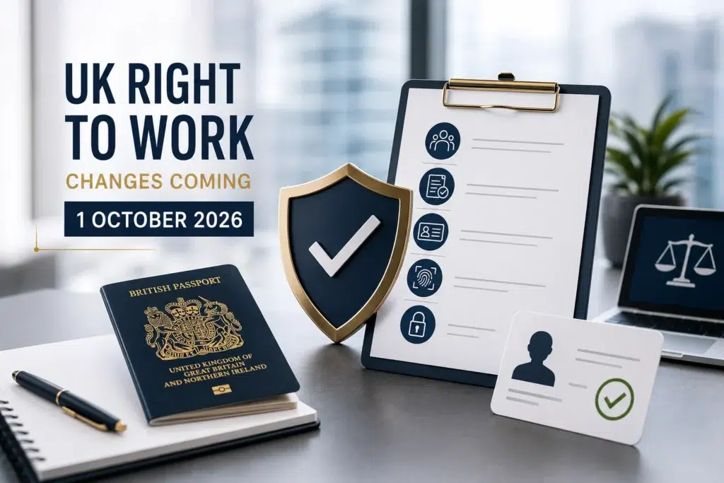 Right to Work compliance illustration showing a British passport, identity verification, security shield and employer compliance documents for the UK's 2026 Right to Work Scheme changes.