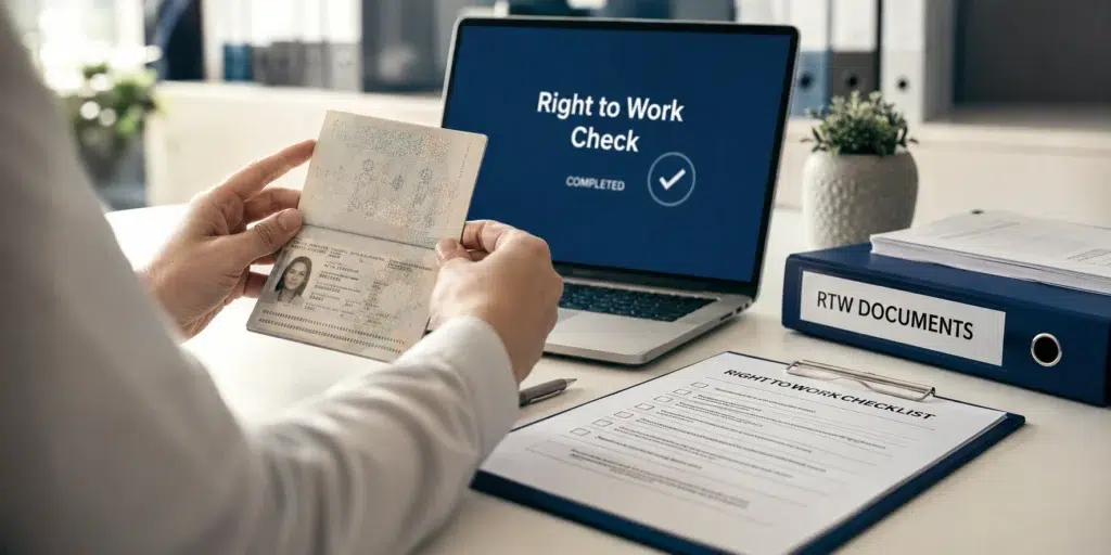 Manual Right to Work Checks being completed by an employer examining an original passport alongside a Right to Work checklist, compliance documents and a laptop in a modern office.