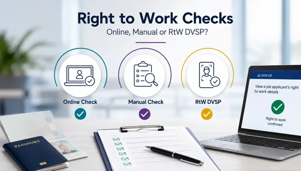 Professional illustration comparing the three Right to Work Check methods in the UK, showing online, manual and RtW DVSP checks with digital verification, documents and employer compliance elements.
