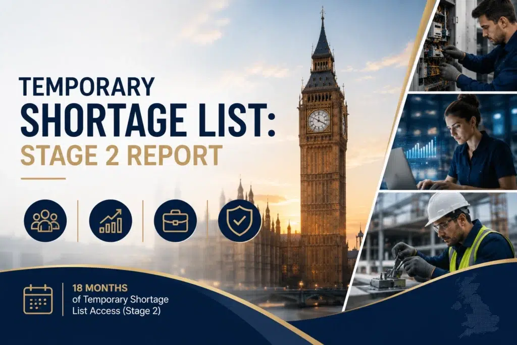 Temporary Shortage List Stage 2 Report illustration showing construction, engineering and digital professionals representing the MAC's latest recommendations for UK overseas recruitment and workforce planning.