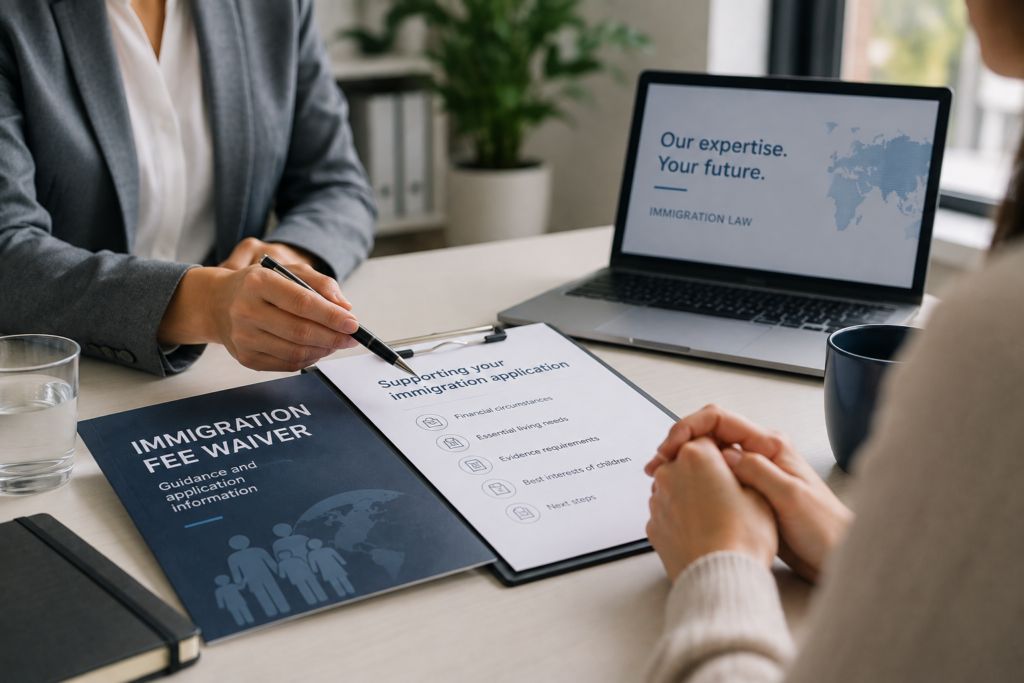 Fee Waiver consultation with an immigration adviser reviewing financial documents and Home Office application guidance during a client meeting.