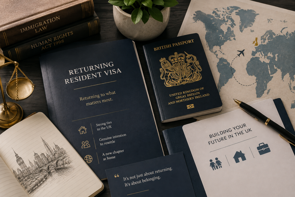 Returning Resident Rules guide with UK immigration law books, passport, legal documents, and travel map representing returning to the UK after a long absence.