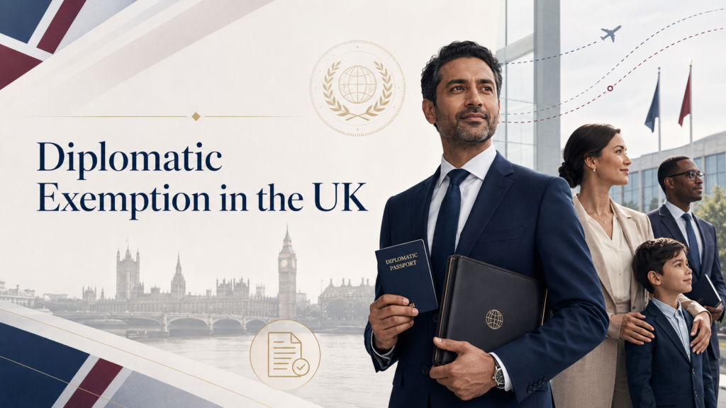 A diplomat with his spouse and child entering a London government building, illustrating Immigration Exemption for Diplomats in the UK.