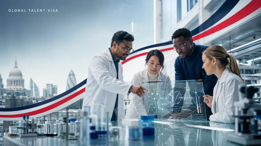 Global Talent visa researchers examining scientific data in a London laboratory, representing international expertise and UK innovation.