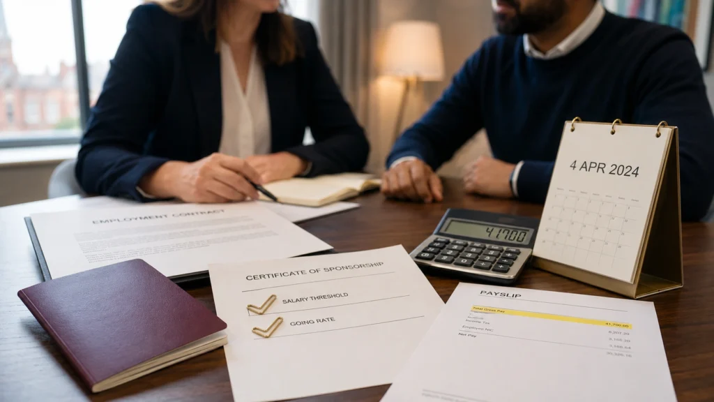 Employer and sponsored worker reviewing a Certificate of Sponsorship, £41,700 salary threshold, going rate and 4 April 2024 deadline.