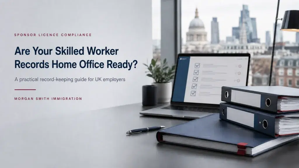 Sponsor Licence Compliance checklist with Skilled Worker records, organised files and a London office in the background.