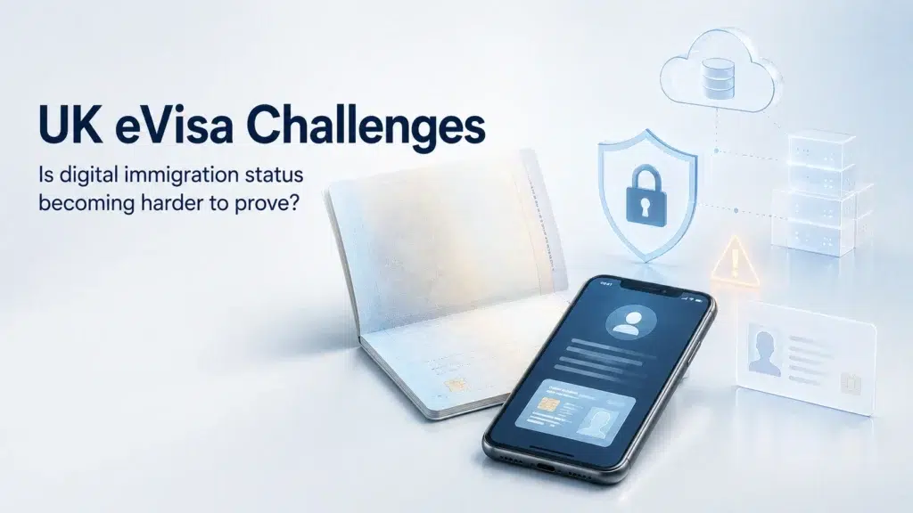 UK eVisa challenges illustrated by a digital immigration record on a smartphone, passport, identity card, security shield and system warning.