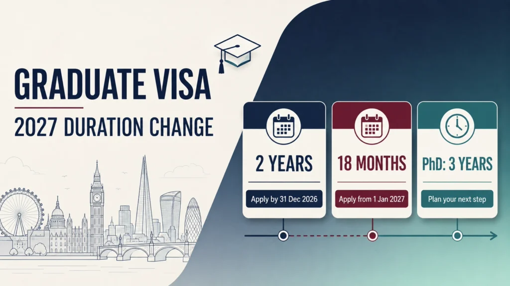 UK Graduate Visa infographic comparing two years before 2027 with the new 18-month duration.