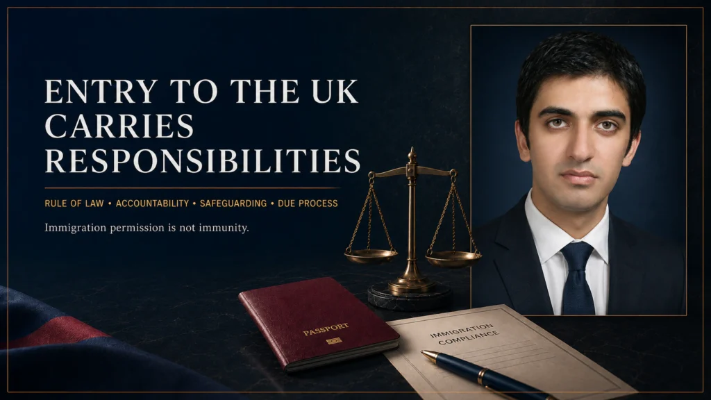 Immigration law graphic featuring Jawad Ahmad, scales of justice, a passport and compliance documents, highlighting accountability and public protection.