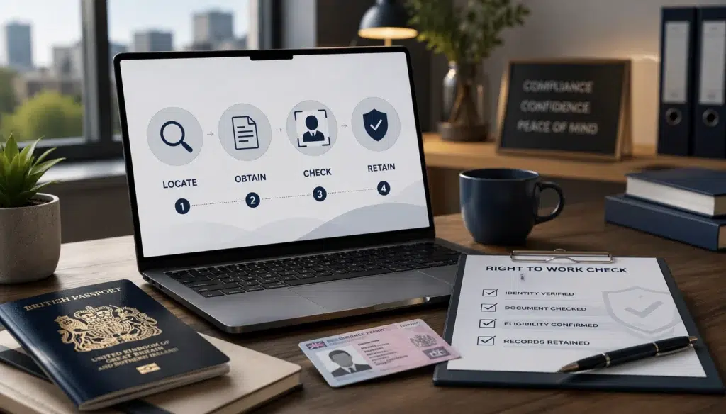 Professional office workspace illustrating a RtW DVSP Right to Work check with digital identity verification, passport, identity document, compliance checklist and employer verification process.