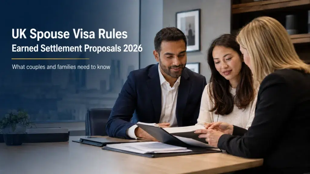 UK Spouse Visa applicants reviewing documents with an immigration adviser in a London office.