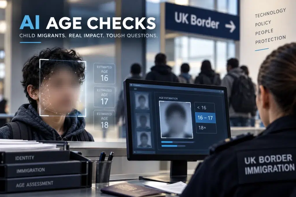 Facial Age Estimation technology assessing a young migrant’s age at the UK border amid concerns over accuracy.