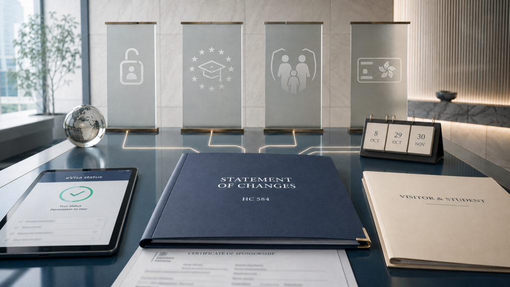 Statement of Changes HC 584 represented by an official folder, eVisa screen, key dates and employment, study, family and settlement symbols.