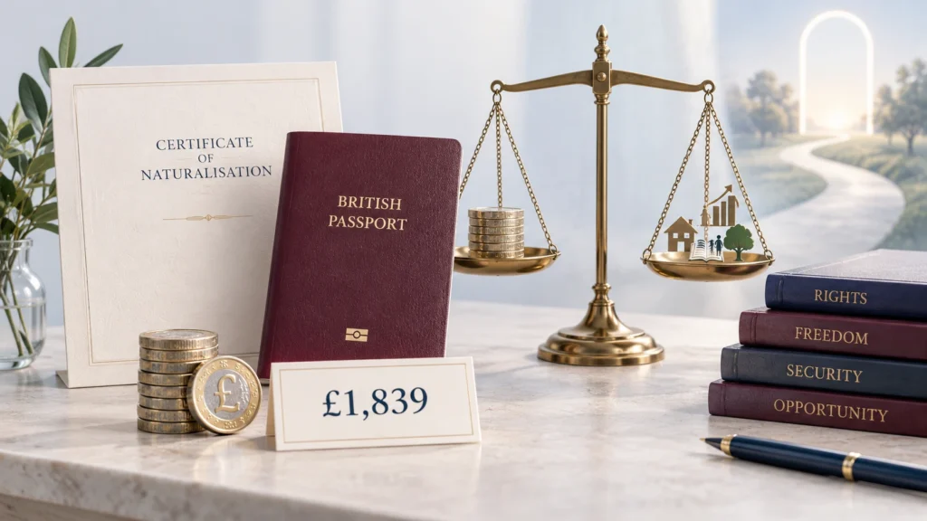 British Citizenship naturalisation certificate, passport, £1,839 fee card, coins and scales balancing the cost against rights, freedom and opportunity.