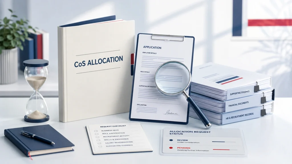 Professional illustration of a CoS allocation request with supporting documents, application checklist, magnifying glass and hourglass representing Home Office scrutiny and delays.