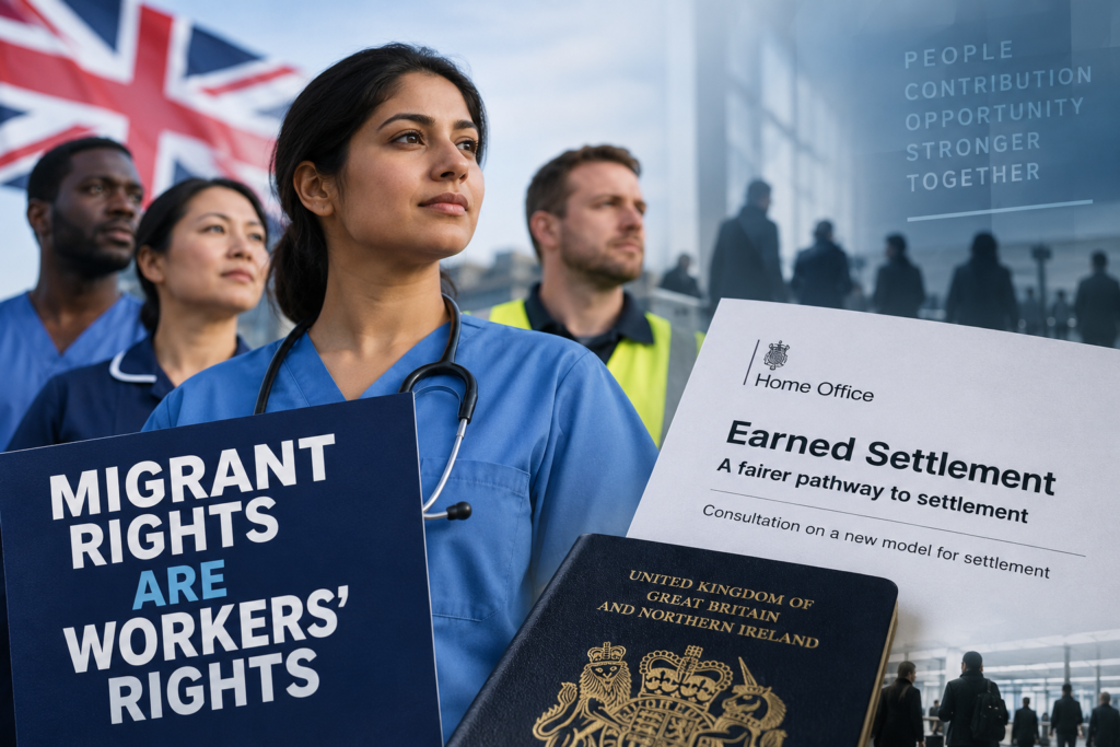 Migrant workers alongside a UK Earned Settlement consultation document, representing concerns over proposed settlement reforms.