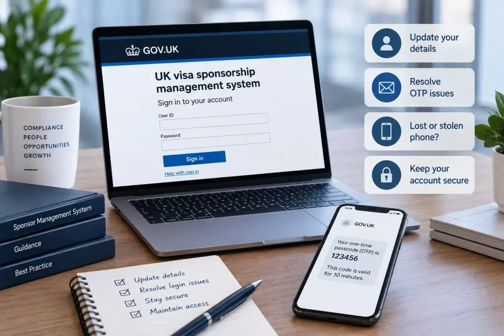 SMS MFA login problems showing OTP issues, updating account details and secure access to the Sponsor Management System.