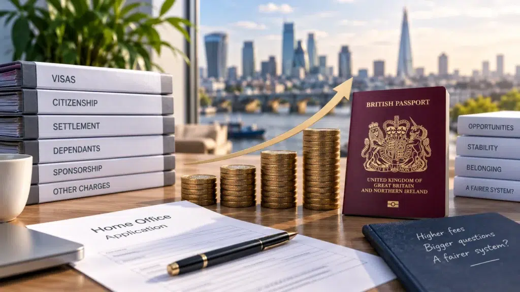 UK immigration fees illustrated by rising costs, British citizenship documents and Home Office application fees.