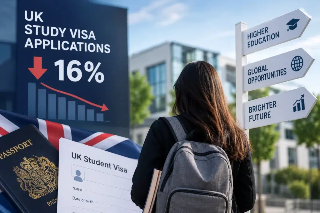 UK Study Visa Applications infographic showing a 16% decline, with an international student, UK Student visa document, passport and higher education signs.