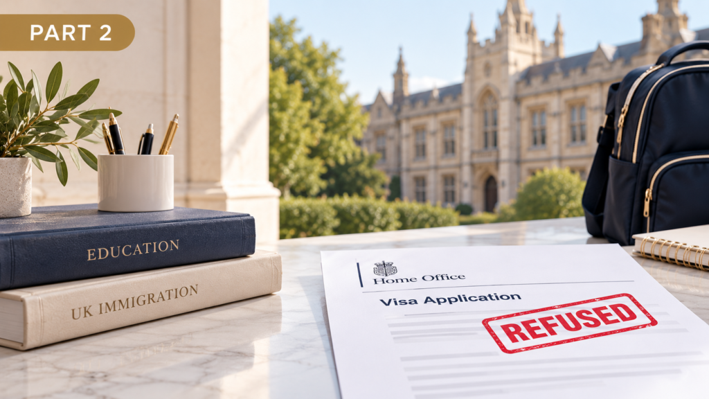 UK visa application marked refused on a desk with immigration and education books, representing Home Office refusal grounds for a Parent of a Child Student visa.