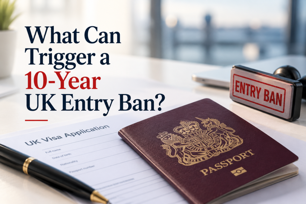 British passport resting on a UK visa application form beside a black pen and a red entry ban stamp, illustrating the circumstances that can trigger a 10-year UK entry ban.