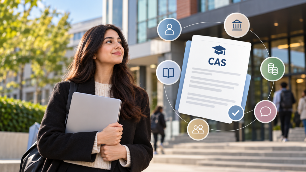 International student outside a UK university with a graphic illustrating Confirmation of Acceptance for Studies (CAS) requirements for a UK Student visa.