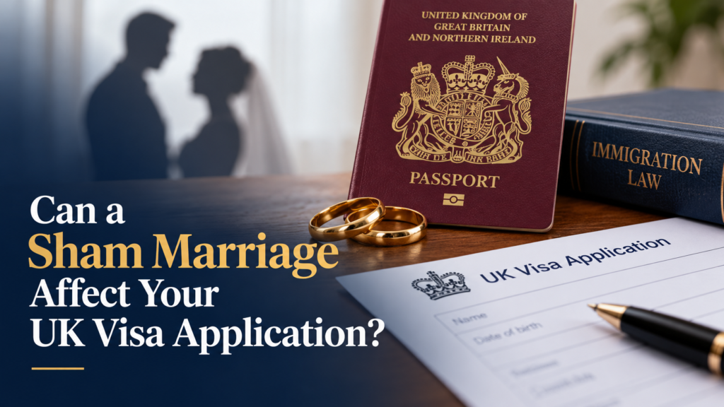 British passport beside two gold wedding rings, a Home Office document and a pen on a desk, illustrating how a sham marriage can affect UK visa applications.