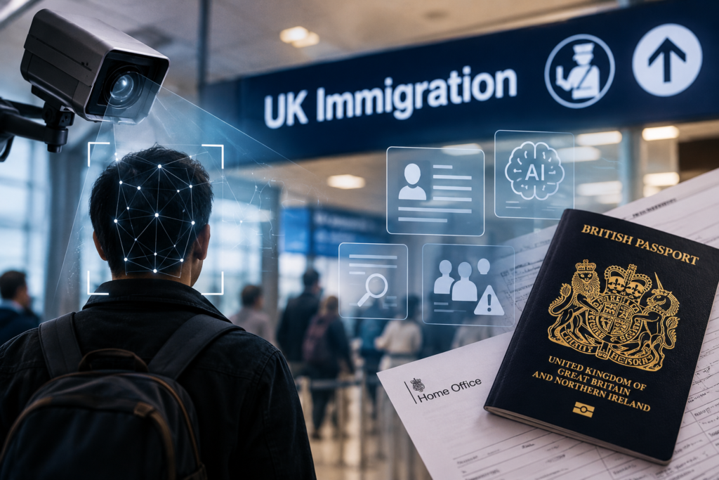 AI in UK immigration system showing facial recognition technology, surveillance cameras, a British passport and Home Office documents at a UK border checkpoint.
