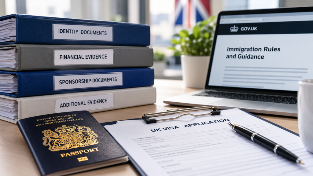 UK visa application documents organised into folders for identity, financial, sponsorship and additional evidence, alongside a laptop displaying Home Office immigration guidance.
