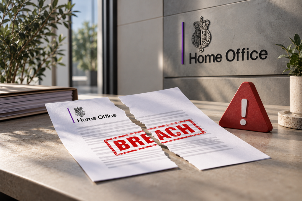 Home Office documents marked with a red ‘BREACH’ stamp beside a warning symbol, illustrating the consequences of breaching an FNO conditional caution in the UK.