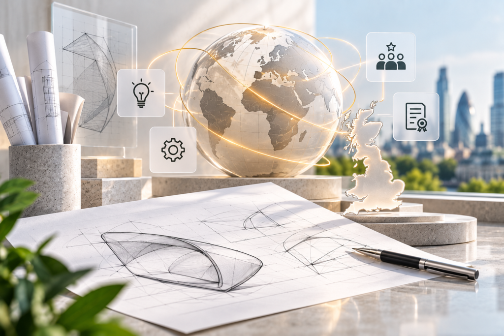 Global Talent Visa for Designers concept featuring a globe, UK map, design sketches and professional achievement symbols.