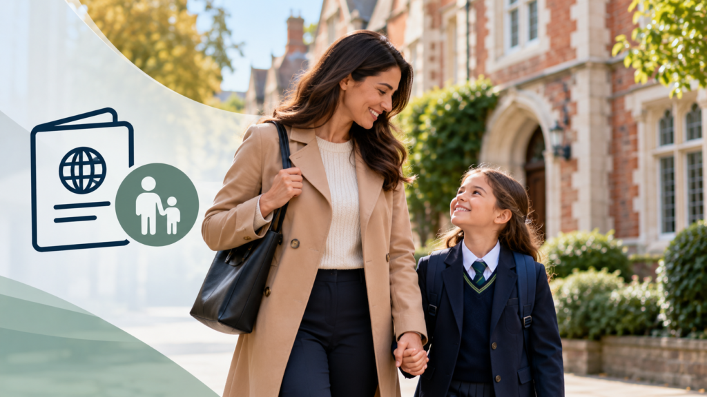 Mother walking with her daughter in a school uniform outside a UK independent school, with passport and family icons representing the Parent of a Child Student visa.